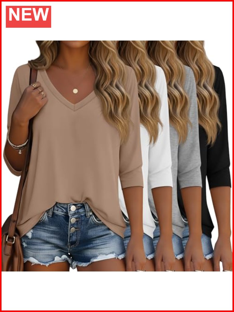4 Pack Women's 3/4 Sleeve V Neck Tunic Tops Loose Fit Cotton Tees